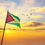 Waving,flag,of,guyana,against,the,background,of,a,sunset